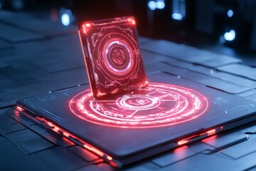 Aufkleber - A neon-lit cyberpunk scene showing an EPS file being edited in a futuristic design program, with glowing vector paths and holographic tools