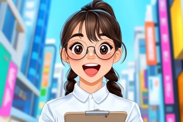 Poster - A pixel art character holding a clipboard with a detailed estimate, set against a colorful cityscape background