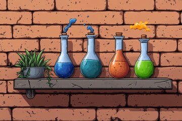 Poster - A pixel art representation of a lab bench with animated bubbling flasks and colorful liquids, styled in retro game graphics