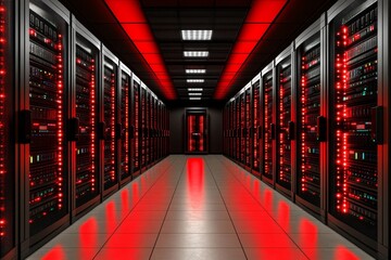 Poster - A server room with red lights flashing and warning signs indicating a critical system failure