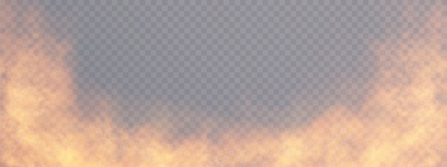 Poster - Yellow fog or smoke isolated on transparent background. Yellow vector background frame of smoke, cloud, mist or smog. special overlay effect. Vector PNG