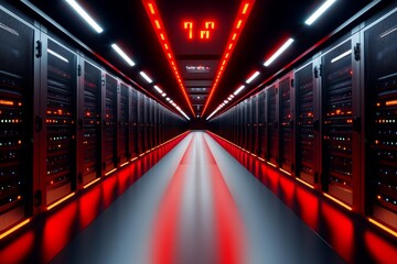 Poster - A server room with red lights flashing and warning signs indicating a critical system failure