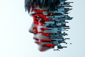 Aufkleber - A watercolor painting of a glitchy computer screen, blending hues of red, blue, and gray with artistic distortion