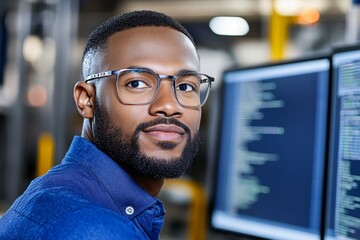Fototapete - An IT professional configuring an ERP system on dual monitors, surrounded by code and diagrams