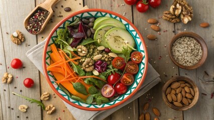 Wall Mural - Colorful buddha bowl featuring a nutritious mix of quinoa, avocado, beet, cherry tomatoes, beans, carrots, and walnuts on a rustic wooden table