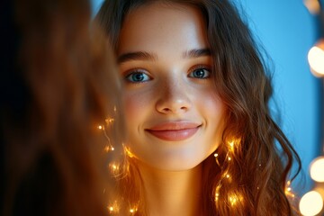 Aufkleber - An ultra-detailed image of a person looking at themselves in a mirror, with fine details showing a warm, proud smile and glowing light around their reflection