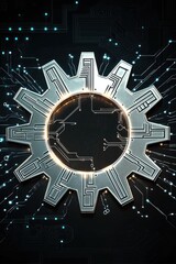 Poster - A metallic gear with a glowing circuit pattern, symbolizing technology and innovation in a digital landscape.