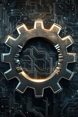 Poster - Shiny metallic gear symbol on a dark circuit board background, representing technology and innovation.