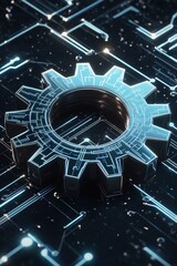 Poster - A futuristic metallic gear with glowing edges, set against a dark, circuit-like background, representing technology.