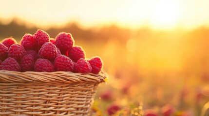 Wall Mural - Close-up of a wicker basket filled with ripe red raspberries against a golden sunset in a rural setting.