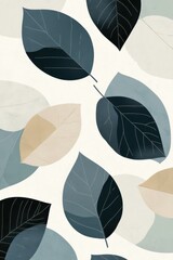 Poster - A stylish pattern of various leaves in muted shades of green, beige, and blue on a soft background.