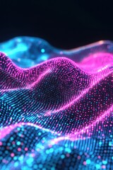 Poster - A vibrant wave of blue and pink digital particles creates an immersive, glowing landscape, evoking a futuristic feel.