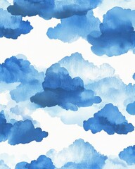 Poster - A beautiful watercolor pattern featuring soft blue clouds against a white background.