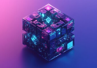 Poster - Futuristic transparent cube with glowing internal circuitry and components.