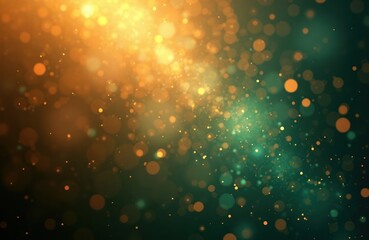 Poster - Abstract background features golden, green sparkling particles falling like rain against dark backdrop. Design evokes festive celebratory mood. Suitable for digital product, holiday themes abstract