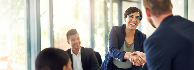 Aufkleber - Business, employees or handshake in office with partnership in investment project and funding proposal success. Financial investor, people and shaking hands for b2b negotiation agreement with banner