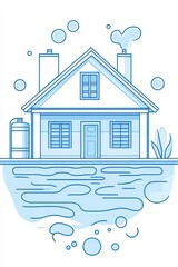 Poster - A whimsical blue house illustration with bubbles, depicting a cozy atmosphere and gentle surroundings.
