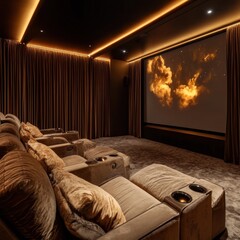 Wall Mural - Luxurious home theater with plush seating, ambient lighting, and large projection screen displaying a cosmic scene.