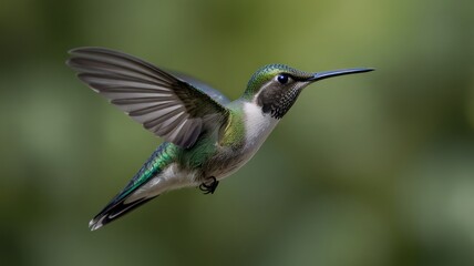 Wall Mural - Hummingbird in flight, wings spread, blurred background.