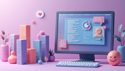 Poster - Colorful tech scene shows computer screen with UI UX design elements like charts, profile images. Pastel purple background with cute 3D objects. Creative web design, development concept. Digital app