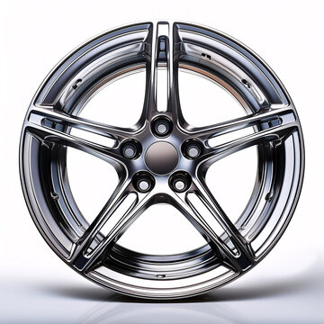 A gleaming chrome alloy wheel with a multi-spoke design, reflecting light on a white background