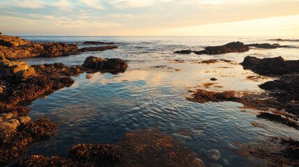 Poster - A magnificent sea turtle glides effortlessly through tranquil waters, illuminated by the warm hues of sunset. The rocky shoreline frames this serene underwater journey, showcasing nature's beauty