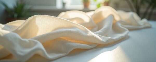 Poster - Soft natural Tencel fabric draped on table. Light reflects on textile creating beautiful texture, highlights. Sustainable fiber innovation apparent. Eco-friendly material. Modern design. High quality