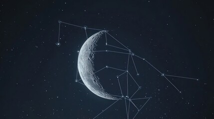 Wall Mural - crescent moon with interconnected constellations against a starry night sky.