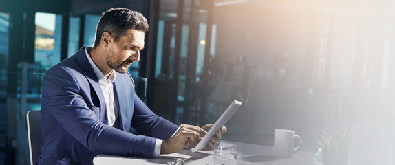 Fototapete - Office, tablet and businessman thinking for project, website research or email on internet. Banner, mockup or space with person on digital tech for social networking, b2b connection or online contact