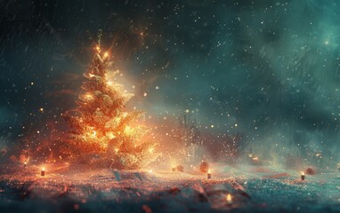 Wall Mural - Christmas background with a glowing golden Christmas tree 