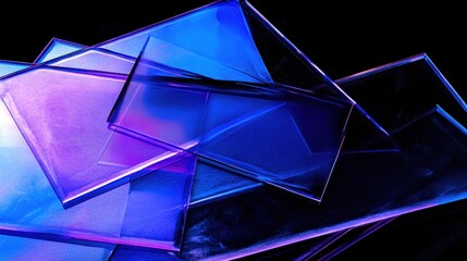 Wall Mural - Abstract image of overlapping blue and purple glass panes against a black background.