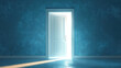© xinxia - A door is slightly ajar on the right side of an empty blue wall, with light shining through it