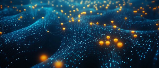 Poster - 3D network connections with glowing dots and lines, dark blue background, abstract design, digital communication and data exchange concept