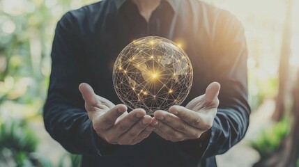 Wall Mural - Person holding a glowing global network sphere