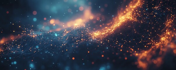 Poster - Abstract digital network connections with glowing lines and dots, dark blue background, 3D rendering, communication technology concept