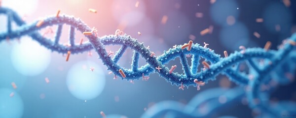 Poster - Molecular biology experiment illustrating DNA sequence homology in proteins. DNA strand exhibits conserved sequences interacting with various molecules like amino acids, proteins. Exploring protein