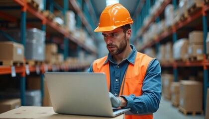 Aufkleber - Warehouse worker uses laptop. Concerned worker in hard hat looks at computer screen in warehouse. Focus on tech worker, surrounded by boxes, pallets. Logistics, inventory management, tech support