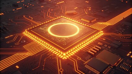 Poster - Flowing orange light trails on a motherboard symbolize data processing and complex calculations by a central processing unit, showcasing the power and speed of modern computing