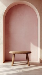Poster - A serene interior features a soft light pink wall adorned with an elegant arched doorway
