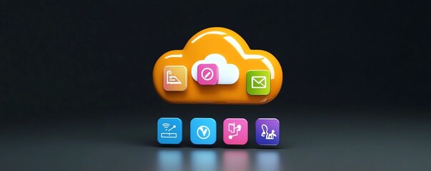 Poster - 3D rendering of a bright digital cloud icon with interconnected social symbols on a dark background, illustrating digital services and data innovation