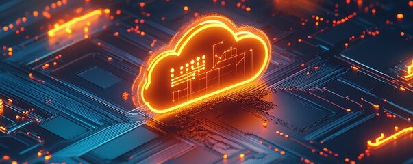 Poster - 3D rendering of a bright digital cloud icon with interconnected social symbols on a dark background, illustrating digital services and data innovation