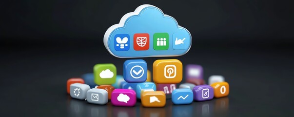Poster - 3D rendering of a bright digital cloud icon with interconnected social symbols on a dark background, illustrating digital services and data innovation