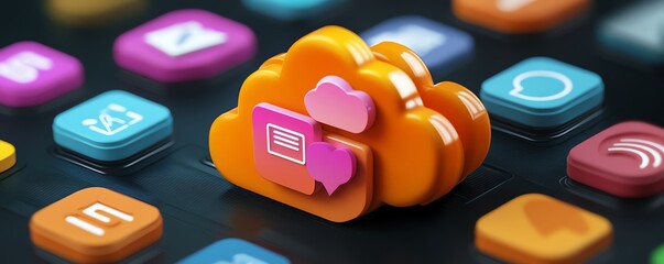 Poster - 3D rendering of a bright digital cloud icon with interconnected social symbols on a dark background, illustrating digital services and data innovation
