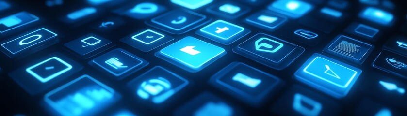 Fototapete - 3D rendering of interconnected digital graphic user symbols on abstract dark blue background, representing social network technologies