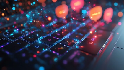 Poster - 3D representation of speech bubbles and digital connections over a laptop keyboard, highlighting innovation in online communication technology