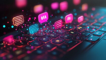 Poster - 3D representation of speech bubbles and digital connections over a laptop keyboard, highlighting innovation in online communication technology
