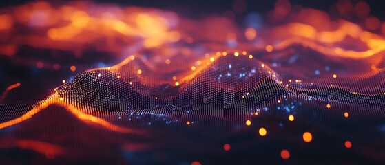 Poster - 3D telecommunication world map concept with glowing digital dots and network lines on a pixelated map against a dark backdrop