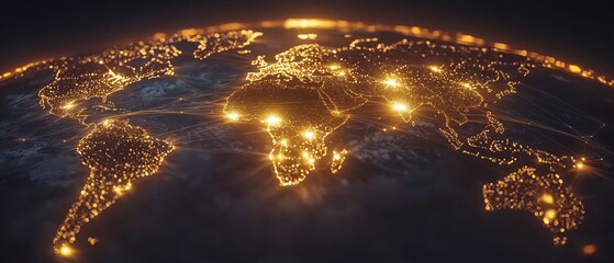 Poster - 3D telecommunication world map concept with glowing digital dots and network lines on a pixelated map against a dark backdrop