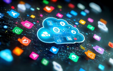 Fototapete - 3D visualization of a digital cloud icon surrounded by interconnected social symbols, set against a dark background, symbolizing data applications
