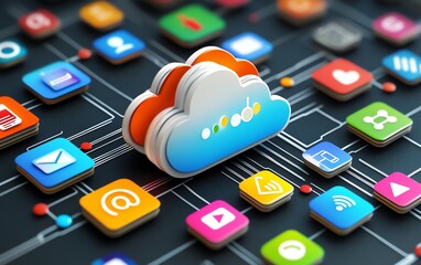 Fototapete - 3D visualization of a digital cloud icon surrounded by interconnected social symbols, set against a dark background, symbolizing data applications